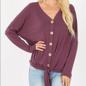 Long Sleeve Button Down Tie Front Top